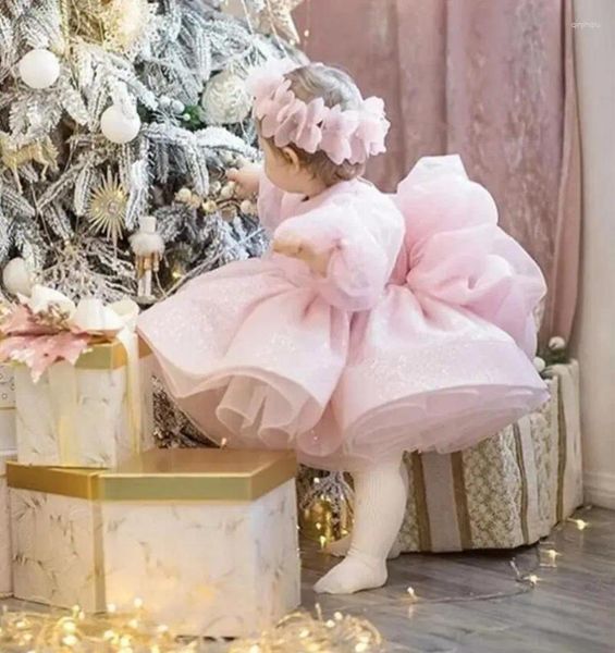 Vestidos de niña Lindo vestido de cumpleaños de bebé rosa brillante Vestido de manga larga para niños pequeños Po Shoot para una fecha especial