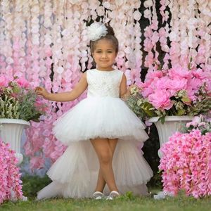 Robes de fille mignonnes à fleurs blanches, en Tulle pelucheux, avec traîne à plusieurs niveaux, robe de fête d'anniversaire pour bébé, photographie