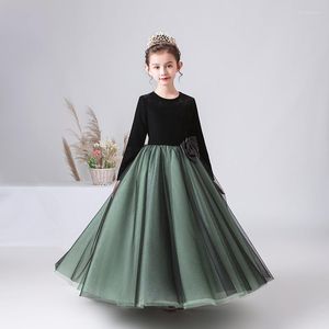 Meisjesjurken dideyttawl lange mouwen tule bloem 2023 Kid Princess jurk voor bruiloft verjaardagsfeestje fluweel formele optochtjurken