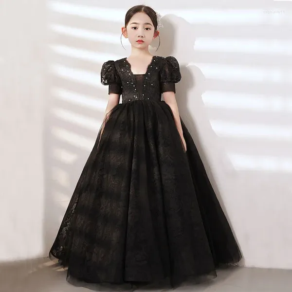 Vestidos de niña DongCMY, vestido de flores de lujo para niños, vestido de princesa de cumpleaños de noche negro, vestido de actuación de Piano de pasarela