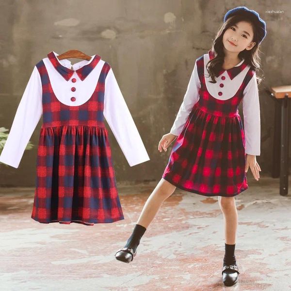 Robes à carreaux pour filles, vêtements d'automne à simple boutonnage, vêtements anglais de fête pour enfants de 4 6 8 10 11 12 ans