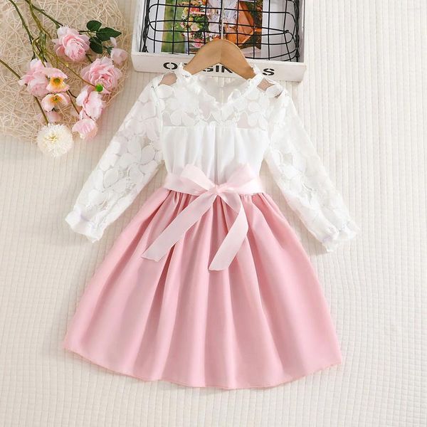 Vestidos de niña vestido para niños niñas de 4 a 8 años elegante encaje blanco empalme cuello alto manga larga niños princesa