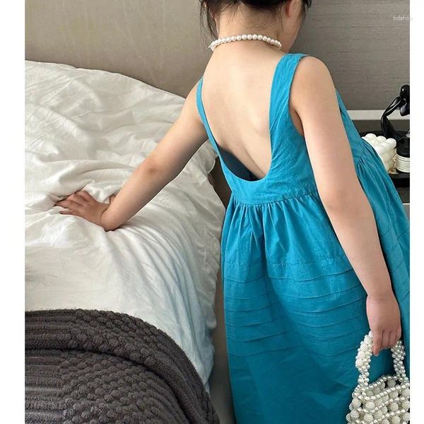 Robes de fille robe Style coréen 2024 été plis grande Miss dos col en U princesse solide