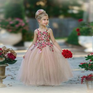 Fille Robes Dusty Rose Fleur Première Communion Rouge Rose Appliques Spaghetti Strap A-ligne Princesse Robe Robe De Novia