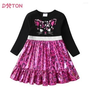 Meisje Jurken DXTON Kinderen Casual Herfst Winter Lange Mouw Jurk Voor Meisjes Luipaard Print Kleding Leuke Kat Cartoon Kids