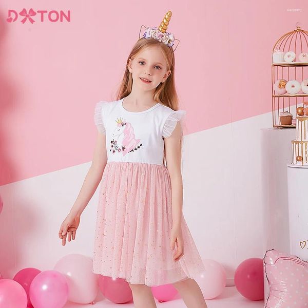 Vestidos de niña DXTON, vestido de verano para niñas, unicornio, dibujos animados, empalme de malla, fiesta de princesa para 3 a 8 años, ropa elegante de cumpleaños