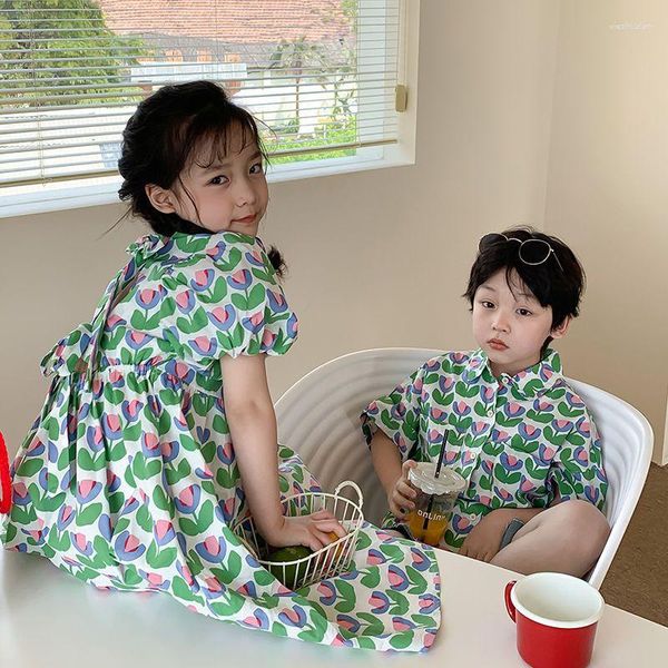 Robes de filles, vêtements d'été pour frères et sœurs, vêtements coréens pour garçons et filles, manches courtes, jupe florale, haut à fleurs pour bébés, haut pour enfants