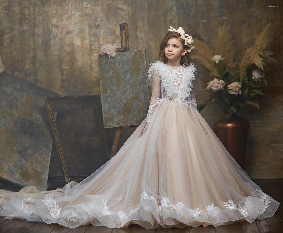 Robes de fille élégantes a-ligne fleur pour mariage dentelle plume perles princesse robe de concours enfants vêtements de cérémonie robe de bal 1-16T