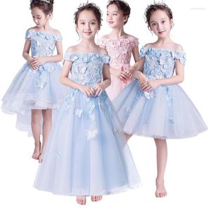 Robes de fille élégantes en Tulle bleu, robe de princesse pour enfants de 1 à 14 ans, robe de spectacle papillon rose, fête d'anniversaire