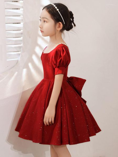 Vestidos elegantes para niña, vestido de terciopelo rojo con perlas para niña, disfraz de Navidad, ropa Formal plisada con cuentas ostentosas