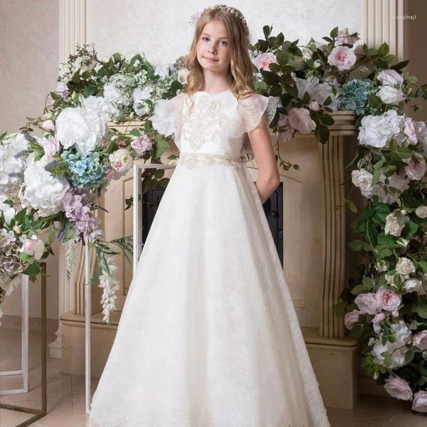 Robes de fille élégante robe à fleurs pour mariage Applique Tulle Cap manches dentelle princesse enfant première fête d'anniversaire eucharistique