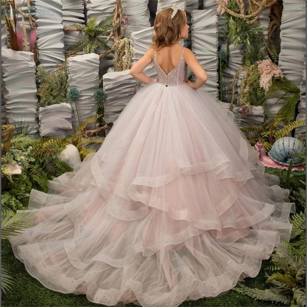 Robes de fille Robe de fleur élégante pour mariage en tulle applique moelleuse sans manches paillettes de la première communion en soirée