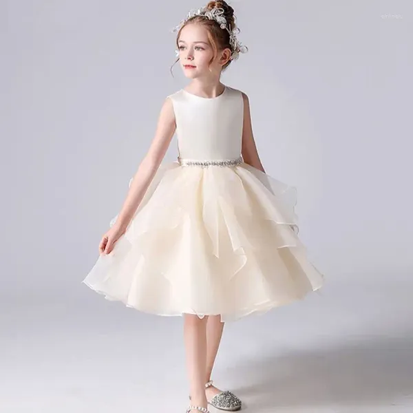 Robes à fleurs élégantes pour filles, pour mariage, Champagne, à volants, en Tulle, pour fête d'anniversaire pour enfants, robes de bal de princesse, robe de première Communion