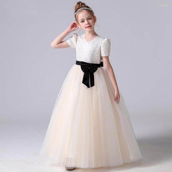 Vestidos de niña Elegante Encaje Navidad Tul Flor Junior Dama de honor Vestido Brillante Niños Princesa Para Boda Vestidos de desfile Marfil