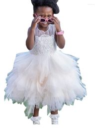 Fille Robes Élégant Dentelle Volants Tulle Thé Longueur Petites Filles Enfants Fleur Pour La Fête De Mariage Première Communion Robe De Bal