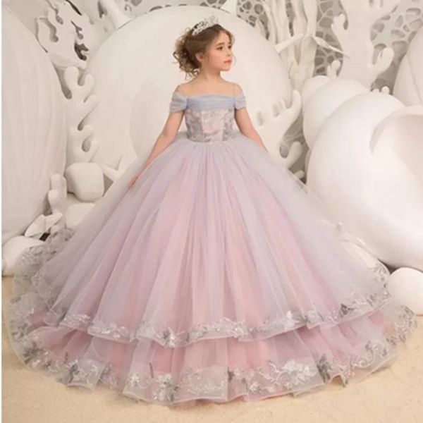 Vestidos de niña elegante fuera del hombro vestido de flores florales esponjosos volantes de boda remolque para niños pequeños cumpleaños primera comunión