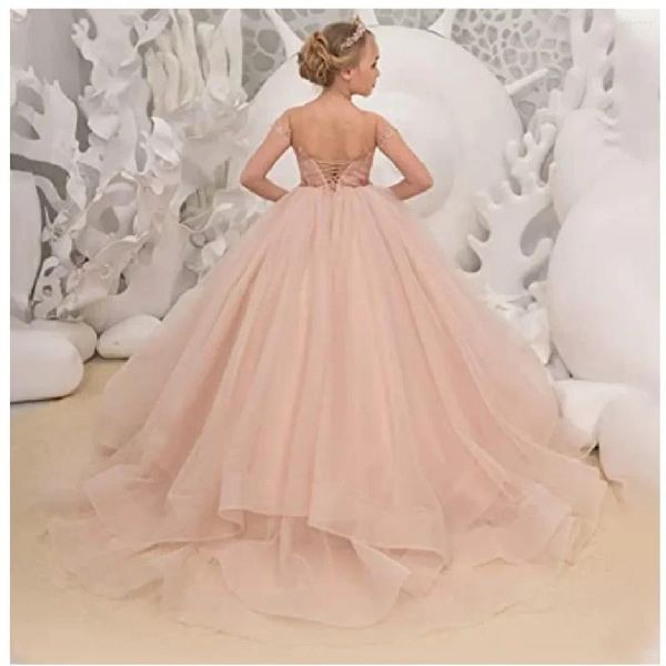 Robes de fille élégante robe de fleur rose dentelle Appliques manches longues bébé anniversaire mariage princesse fête première robe de communion