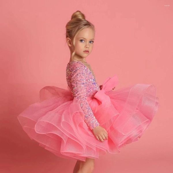 Robes de fille élégante fleur rose moelleux longueur au genou robe de princesse enfants couche luxuriante anniversaire première communion soirée de mariage