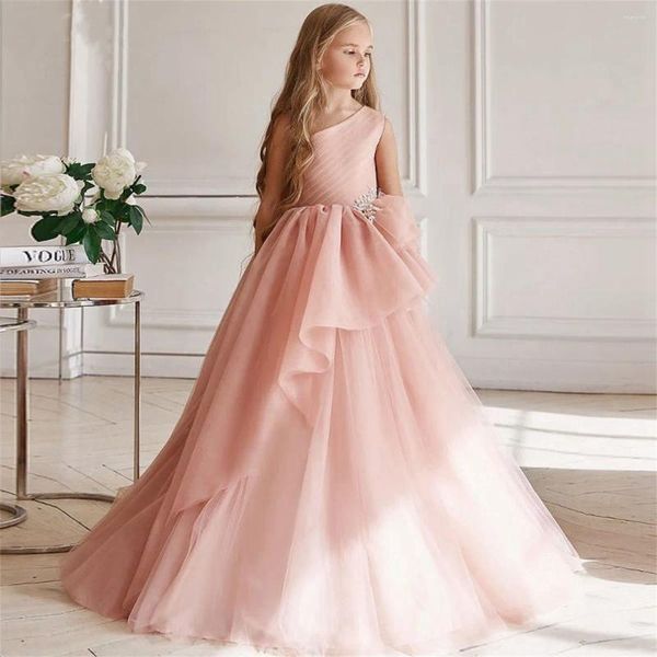 Vestidos de niña elegante flor rosa un hombro para boda apliques de tul en capas vestido de princesa largo de primera comunión