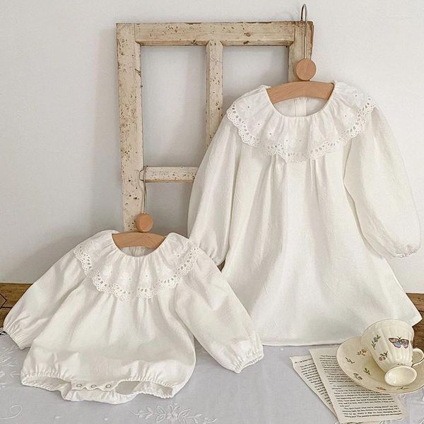 Robes de princesse élégantes en dentelle pour filles, barboteuse de printemps et d'automne, à volants, couleur, combinaison pour bébé, vêtements une pièce pour enfants