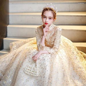Robes de fille élégante princesse robe en dentelle dorée enfants fleur pour les filles Vintage enfants fête de noël longue robe de bal