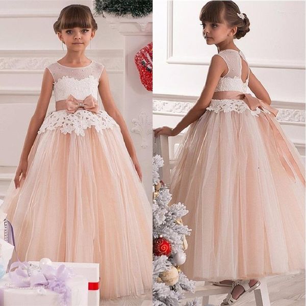 Robes De Fille Élégante Princesse Robe De Bal Luxuriante Fluffy Dentelle Appliques Salle De Bal Rose Tulle Organza Robes De Bal Avec Arc Perles