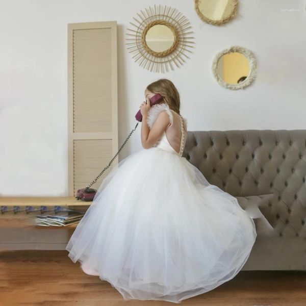 Vestidos de niña elegante princesa flor blanca para boda 2023 tul hinchado cuello redondo bebé niños fiesta de cumpleaños celebración de comunión