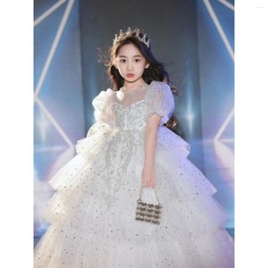 Robes de fille élégantes princesse robe en dentelle blanche enfants fleur broderie pour les filles Vintage Costume de fête de mariage longue robe de bal