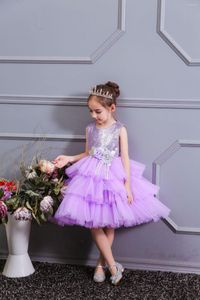 Fille robes élégantes paillettes fête pour mariages princesse cérémonie courte enfants soirée violet Tulle gâteau fleur robe 2023