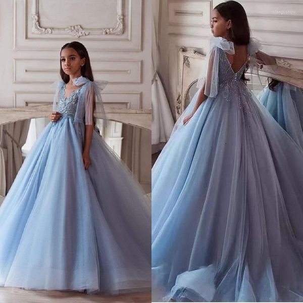 Fille robes élégante fleur bleu ciel pour mariage 2023 col en v brillant Appliques paillettes enfants fête formelle première Communion robes