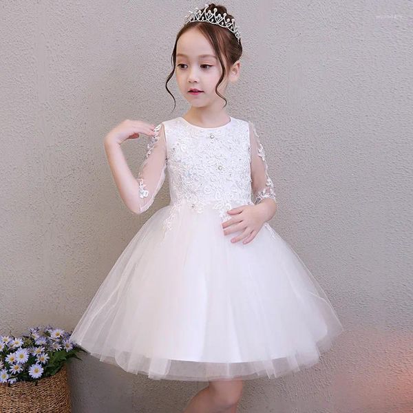 Vestidos de niña Elegante vestido formal de princesa de encaje con cuentas blancas Vestido de fiesta de graduación de noche Vestido de primera comunión de flores para niñas pequeñas