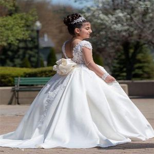 Robes de fille élégantes à fleurs blanches pour mariage, en dentelle, manches longues, dos creux, longueur au sol, première Communion, 2-14 ans