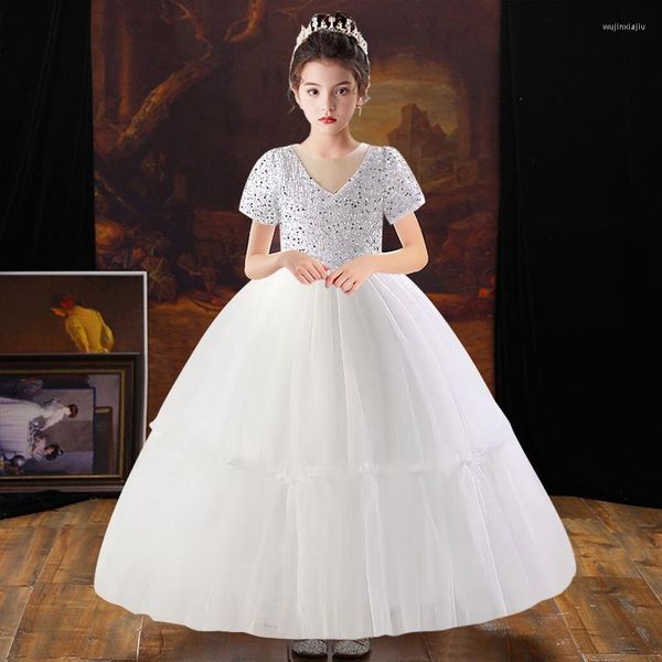 Robes de fille élégante dentelle blanche princesse demoiselle d'honneur robe de soirée fête des enfants mariage soirée de noël