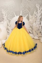 Robes de fille élégantes jaune bleu princesse fleur longue enfant Appliques anniversaire fête de mariage chérie Poshoot robe