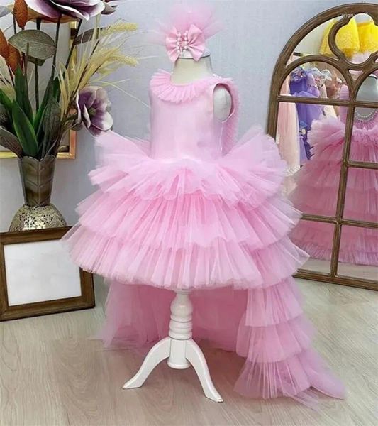 Robes de fille élégantes robe à fleurs en Tulle rose pour mariage enfant haut bas Style gonflé infantile première fête d'anniversaire année de reconstitution historique