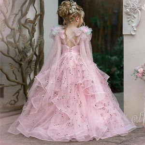 Robes pour filles brodées de Cosmos rose, fleurs en Organza sauvage, jupe en maille à lacets, dos croisé, robe de soirée de mariage