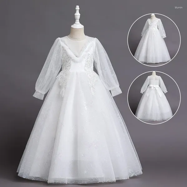 Robes de fille broderie Tulle robe à fleurs pour les filles manches ballon bouffantes col haut fête d'anniversaire de mariage