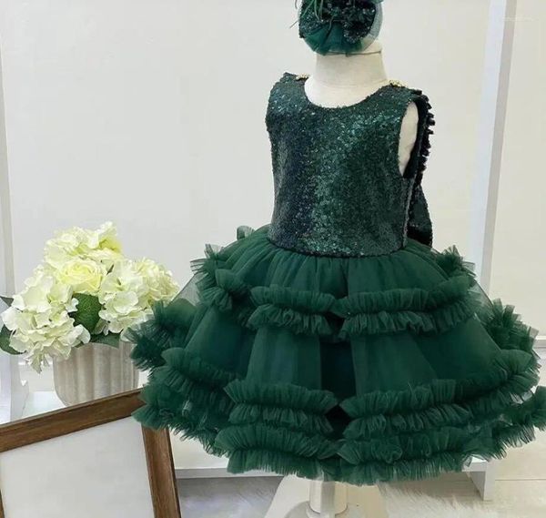 Robes de fille vert émeraude paillettes robe de bébé perles détail Tutu robe enfant en bas âge fleur avec volants 12M 18M 24M