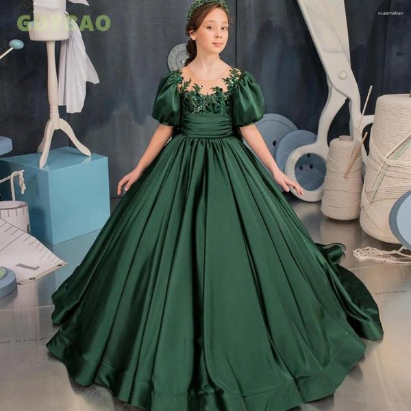 Robes de fille vert émeraude Pageant longue robe à fleurs en dentelle à manches bouffantes pour l'illusion de mariage pure robes de fête d'anniversaire en satin avec nœud