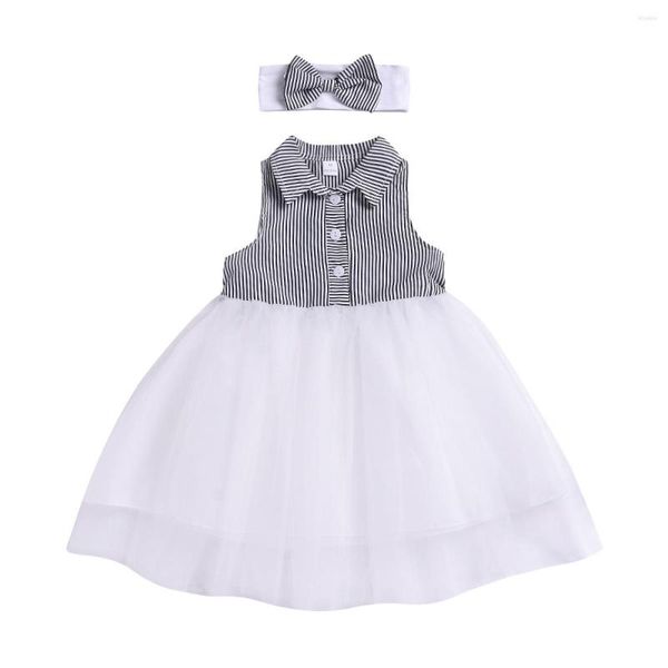 Mädchen Kleider Emmababy Sommer 2 Stücke Kinder Kleid Streifen Spleißen Umlegekragen Ärmellose Pullover Rock Schleife Stirnband Für Kleine Mädchen