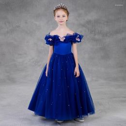 Meisje jurken Europa Amerikaanse stijl bloemjurk schattige boot-hals blauw kanten tule lange prinses grote meisjes show