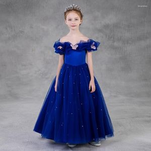 Vestidos de niña Vestido de flores de estilo americano de Europa Lindo cuello de barco Encaje azul Tul Princesa larga Espectáculo de niñas grandes