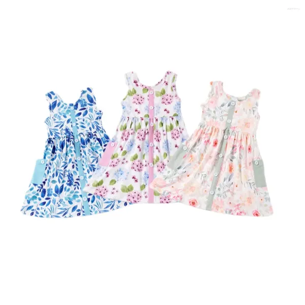 Robes de fille Exclusive Girlymax été bébé filles poche florale Twirl robe Boutique vêtements lait soie volants longueur au genou sans manches