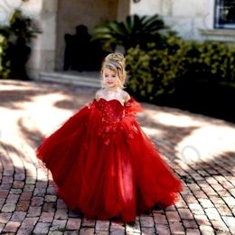 Mädchenkleider Exquisite rote Prinzessin Blumenapplikationen Ballkleid Geburtstag Festzug Baby Robe De Demoiselle Erstkommunion