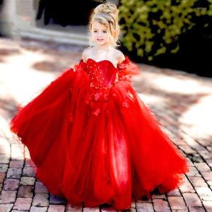 Fille Robes Exquis Rouge Princesse Fleur Appliques Boule Fête D'anniversaire Pageant Bébé Robe Première Communion Robe