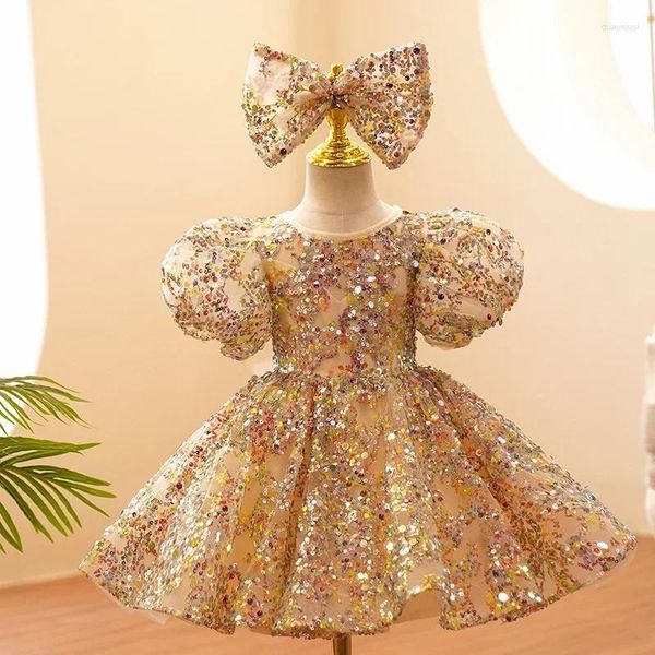 Robes à paillettes exquises pour filles, manches bouffantes, robes d'anniversaire, col rond, avec nœud floral, robe de princesse de bal, demoiselle d'honneur Junior