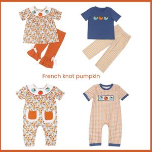 Robes de fille exquise été sans manches col rond citrouille ensembles de noeud français et barboteuse garçon bleu haut ensemble pantalon de vêtements en treillis orange