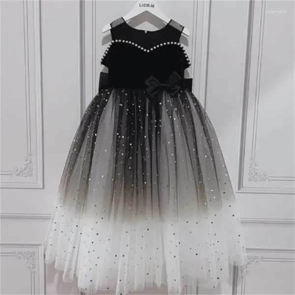 Robes de fille Extra longue robe pour enfants princesse spectacle velours noir une épaule étoile perle