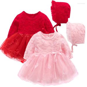 Meisjesjurken herfst baby baljurk jurk met bernat lange mouw formele prinses rood roze baby flower cadeau kleding 3m 6m