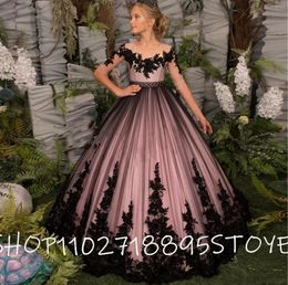 Meisjesjurken Fancy Black A Line Flower Dress Geappliceerd Kant Sheer Neck Wedding Party Gown Voor Meisjes Kostuums Eerste Communie